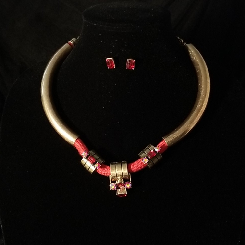 Crystal Pave Metal Necklace Set Vibrant Red Rope And Shimmering Red Stones